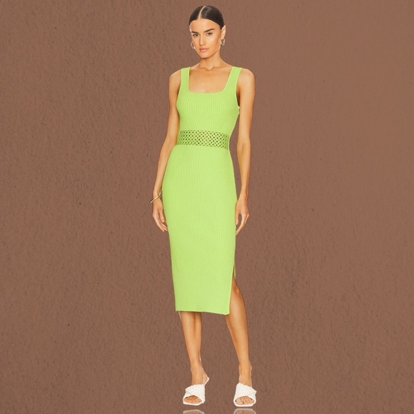 NWT Jonathan Simkhai ‘Loren’ Ladder Stitch Heavyweight Knit Midi Dress in “Lime” - Picture 1 of 16